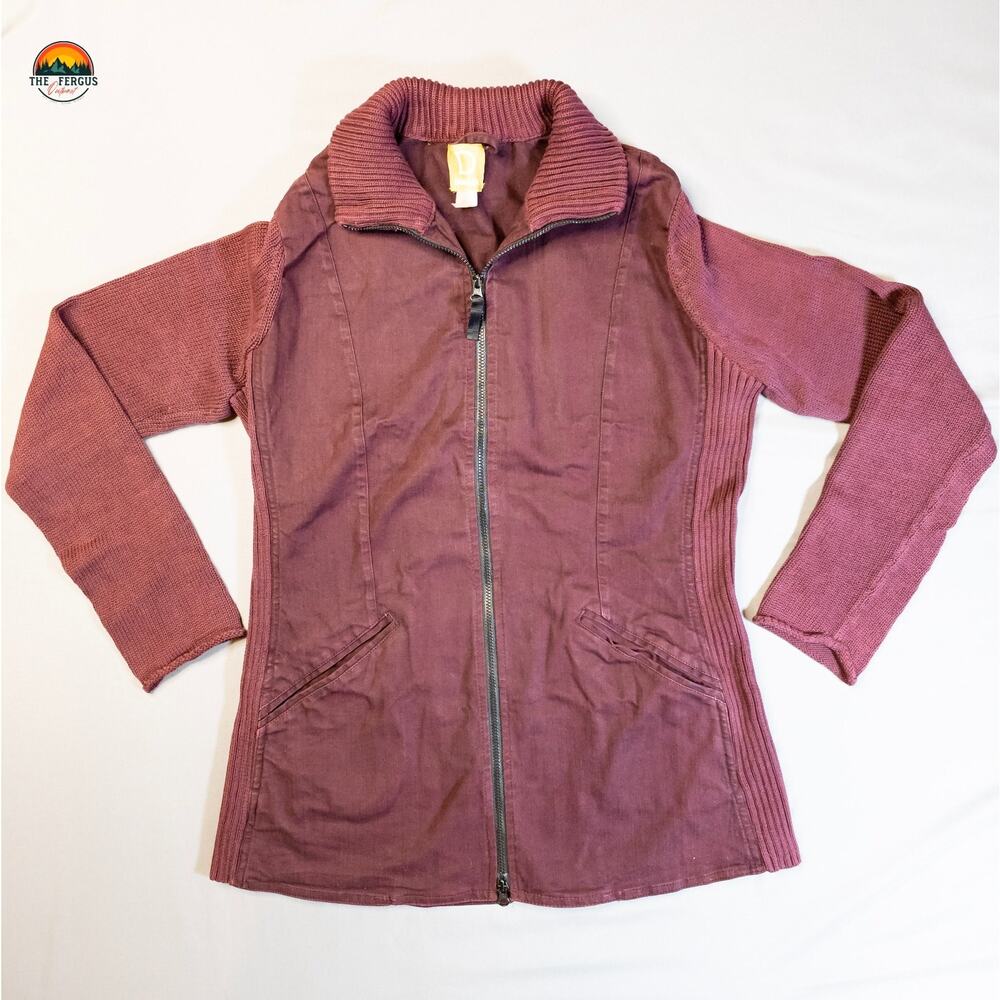 Damask Full-Zip Jacket Maroon Long Sleeve Knit Canvas Cottage Women's Size Small